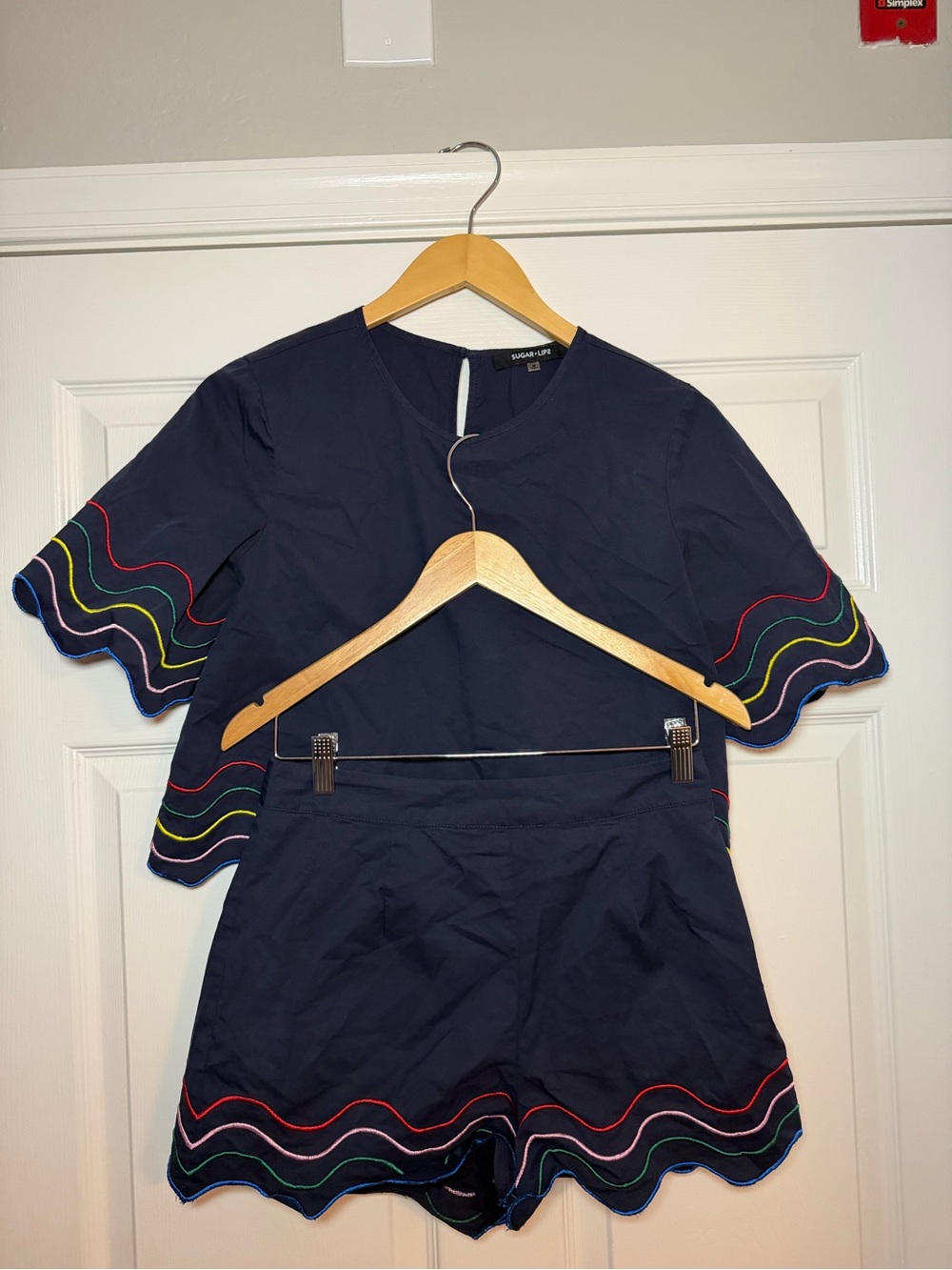 Sugarlips Navy Crop Top with Multicolor Scallop Trim- Size M